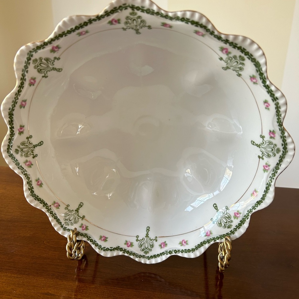 Vintage Royal Rudolstadt Prussia Serving Bowl Green and Pink, Scallop Edge, coll